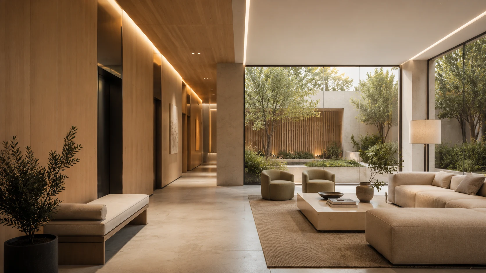 Lobby z naturalnym drewnem i widokiem na zielone patio